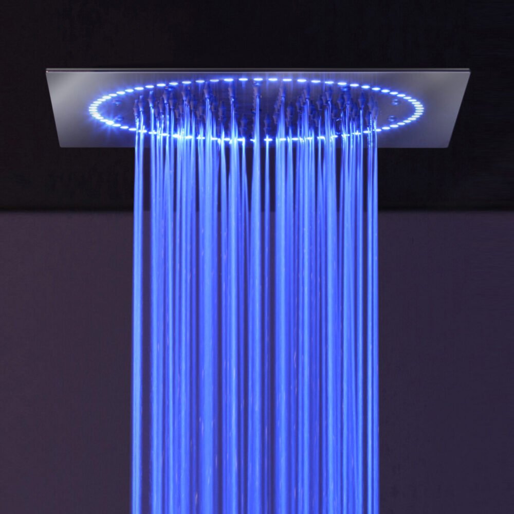 Ceiling mounted shower head with rain head & chromatherapy LED light by Rain Therapy