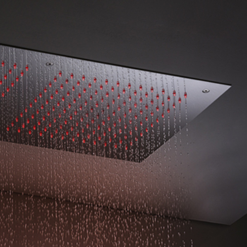 Ceiling mounted shower head with double canopy rain head & chromatherapy LED light by Rain Therapy