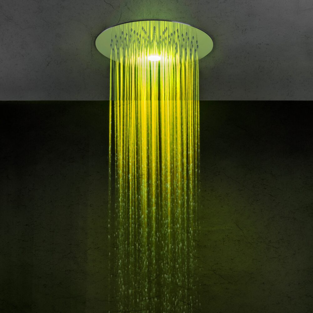 Ceiling mounted shower head with rain head & chromatherapy LED light by Rain Therapy