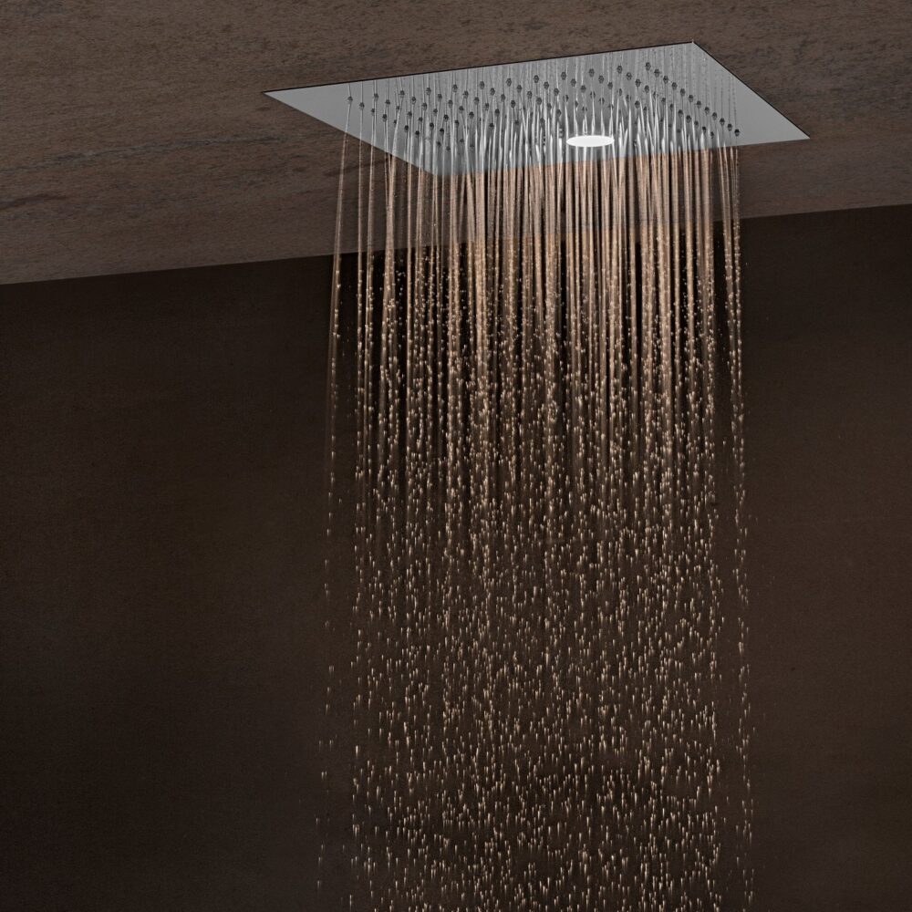 Ceiling mounted shower head with rain head & chromatherapy LED light by Rain Therapy
