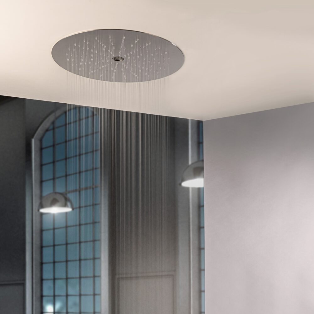 Ceiling mounted shower head with rain head & tub filler by Rain Therapy