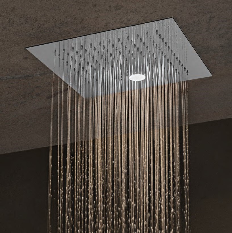 Ceiling mounted shower head with rain head & LED chromatherapy spotlight by Rain Therapy